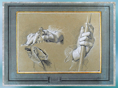 D’après Étude de mains, de Hyacinthe Rigaud, pierre noire, rehauts de blanc, papier gris-bleu, pour le Portrait de Louis XV, signé et daté de 1730, collection Mariette au XVIIIe siècle. (Marsailly/Blogostelle)