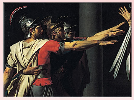 D'après Le Serment des Horaces, de Jacques-Louis David, détail, visages héroïques, 1784, huile sur toile, France, XVIIIe siècle, Néoclassique. (Marsailly/Blogostelle)