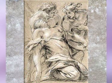 D’après La Madeleine et deux anges, de Simon Vouet, pierre noire, rehauts blancs, papier brun, cabinet du roi en 1775-1776, collection Mariette au XVIIIe siècle. (Marsailly/Blogostelle)