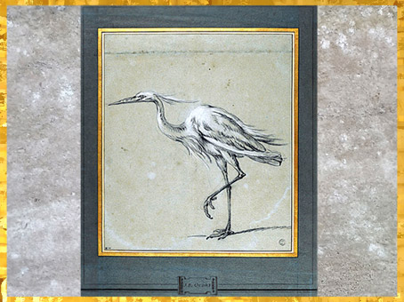 D’après la Grande aigrette, de Jean-Baptiste Oudry, pierre noire, rehauts de blanc, papier bleu, acquis pour le cabinet du roi en 1775-1776, collection et montage Mariette, XVIIIe siècle. (Marsailly/Blogostelle)