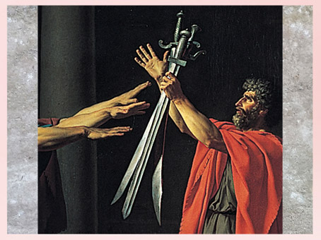 D'après Le Serment des Horaces, de Jacques-Louis David, détail, les épées, 1784, huile sur toile, France, XVIIIe siècle, Néoclassique. (Marsailly/Blogostelle)