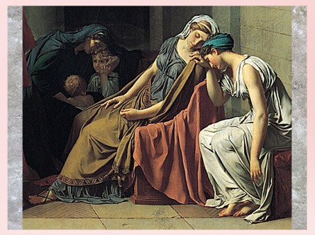 D'après Le Serment des Horaces, de Jacques-Louis David, détail, Sabine et Camille, 1784, huile sur toile, France, XVIIIe siècle, Néoclassique. (Marsailly/Blogostelle)