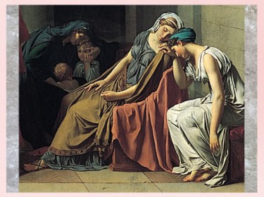 D'après Le Serment des Horaces, de Jacques-Louis David, détail, Sabine et Camille, 1784, huile sur toile, France, XVIIIe siècle, Néoclassique. (Marsailly/Blogostelle)