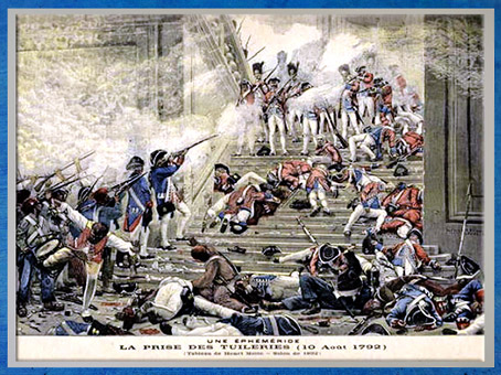 D’après La Prise des Tuileries, le 10 août 1792, lithographie en couleur, Henri-Paul Motte, Salon de 1892, France, XVIIIe siècle. (Marsailly/Blogostelle)