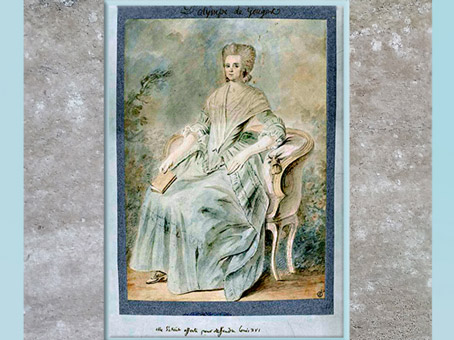 D’après Olympe de Gouges, aquarelle et inscription : Elle s'était offerte pour défendre Louis XVI, auteur anonyme, France, fin XVIIIe siècle. (Marsailly/Blogostelle)