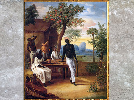 D’après Esclaves noirs à la Martinique, de Marius-Pierre Le Masurier, 1775, huile sur toile, XVIIIe siècle. (Marsailly/Blogostelle)