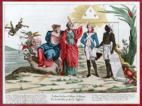 D’après La Déclaration des droits de l'homme et du citoyen, suppression de l'esclavage le 4 février 1794, estampe, eau-forte, France, XVIIIe siècle. (Marsailly/Blogostelle)