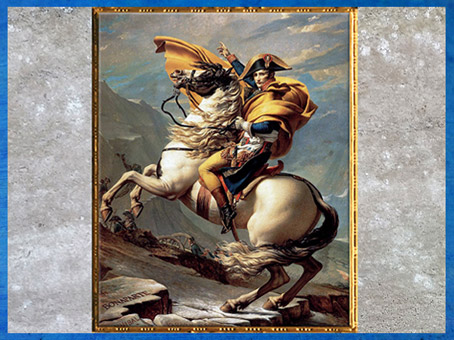 D’après Bonaparte franchissant le col du Grand Saint-Bernard, dans les Alpes, de Jacques-Louis David, 1800. (Marsailly/Blogostelle)