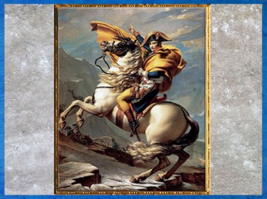 D’après Bonaparte franchissant le col du Grand Saint-Bernard, dans les Alpes, de Jacques-Louis David, 1800. (Marsailly/Blogostelle)