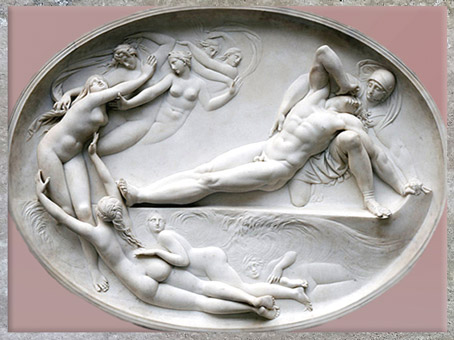 D’après Thétis et ses nymphes, Achille et Patrocle mort, de Thomas Banks, 1777-1778, relief, marbre, Angleterre, Néoclassique, fin XVIIIe siècle. (Marsailly/Blogostelle) 