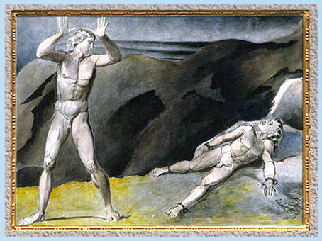D'après Los et son fils Orc enchaîné dans le roc, de William Blake, 1792-1793, plume, encre, aquarelle, fin XVIIIe siècle. (Marsailly/Blogostelle)