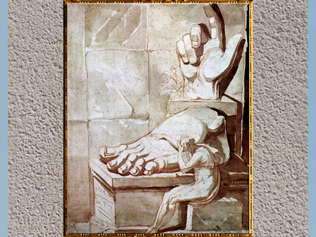 D’après Le Désespoir de l'artiste devant la grandeur des ruines antiques, de Johann Heinrich Füssli, 1778-1880,  sanguine et sépia, fin XVIIIe siècle. (Marsailly/Blogostelle)