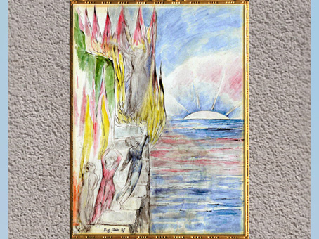 D’après The Angel inviting Dante to enter the Fire, de William Blake, Divine Comédie (Purgatoire), 1824-1827, plume, encre, aquarelle, début XIXe siècle. (Marsailly/Blogostelle)