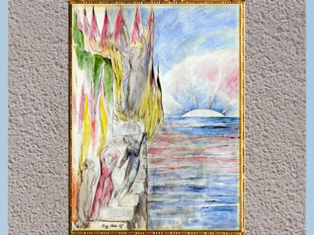 D’après The Angel inviting Dante to enter the Fire, de William Blake, Divine Comédie (Purgatoire), 1824-1827, plume, encre, aquarelle, début XIXe siècle. (Marsailly/Blogostelle) 