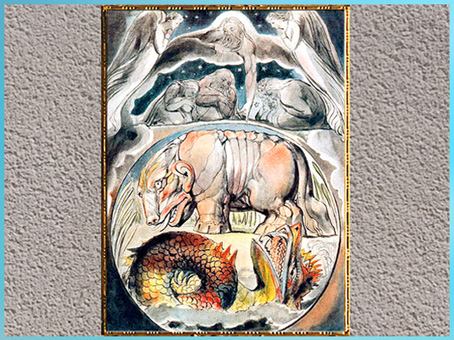 D’après Béhémoth et Léviathan, de William Blake, Livre de Job, 1805-1810, plume, encre, lavis gris et aquarelle, XIXe siècle. (Marsailly/Blogostelle)