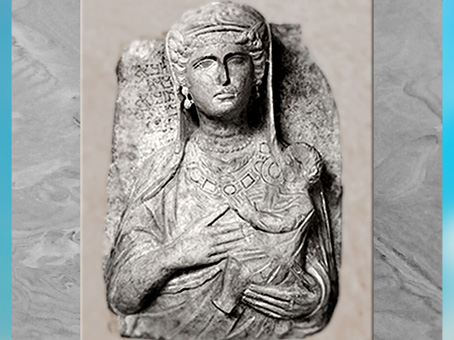 D'après une stèle funéraire, avec inscription, calcaire, première moitié du IIIe siècle, antique Palmyre, Syrie. (Marsailly/Blogostelle)