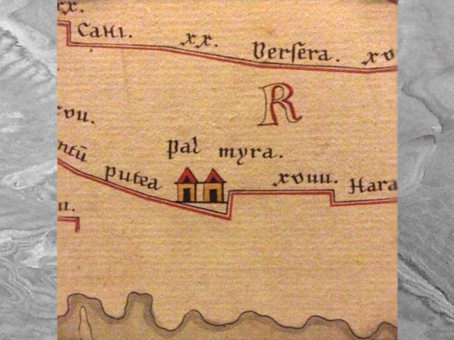 D'après La Table de Peutinger, mention de Palmyre, manuscrit médiéval, copie d'une carte romaine reproduisant la carte d’Agrippa. (Marsailly/Blogostelle) 