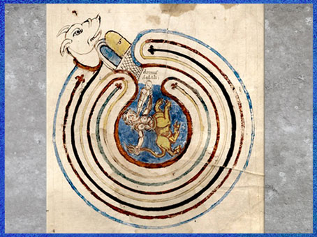  D’après le labyrinthe de Dédale, palais du Minotaure manuscrit, parchemin latin, IXe siècle, art médiéval. (Marsailly/Blogostelle)