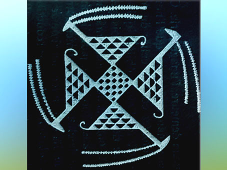 D'après le motif tournoyant du svastika, terre cuite, Samarra, vers 5000 avjc, période néolithique, Orient ancien. (Marsailly/Blogostelle)