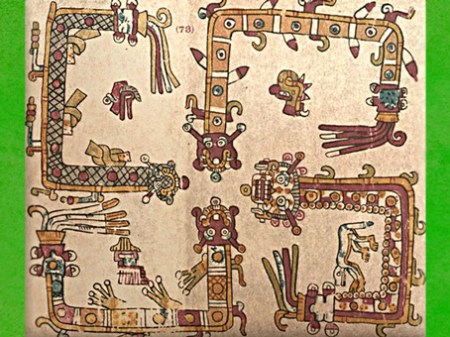 D'après un svastika, calendrier et cosmogonie Aztèque, codex Vaticanus B (ou 3773), groupe Borgia, XIVe- XVe siècle, Mésoamérique. (Marsailly/Blogostelle)