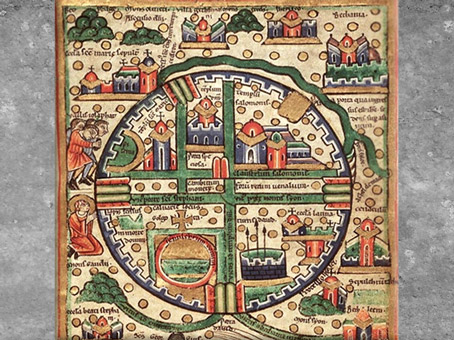 D'après la cité de Jérusalem, plan symbolique des 4 directions de l'espace, psautier, Fécamp, 1180 apjc, France, XIIe siècle, art Médiéval. (Marsailly/Blogostelle)