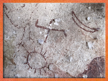 D'après un svastika, symbole cosmique, avec Soleil et Lune, peinture rupestre, ocre rouge, Changthang, Tibet. (Marsailly/Blogostelle)