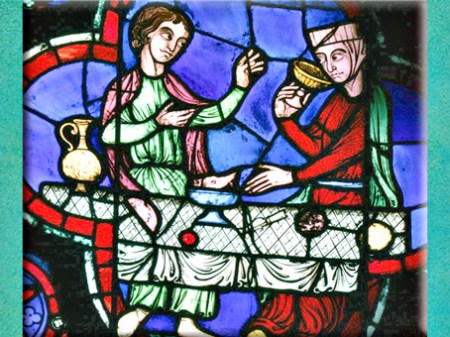 D'après Le Banquet, couple et svastikas, vitrail, Notre Dame de Paris, 1163 apjc-début XIVe siècle, Gothique, art Médiéval. (Marsailly/Blogostelle)