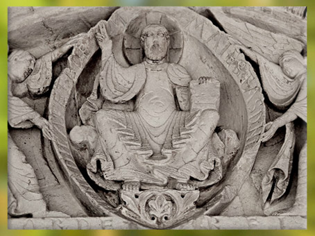 D'après le Christ en majesté, portail, église de Vandeins, saints Pierre et Clair, XIIe siècle, art Roman, époque médiévale. (Marsailly/Blogostelle)