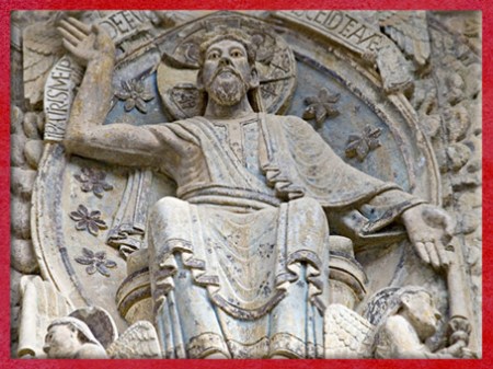 D'après le Christ de Conques, Jugement dernier, Église Sainte Foy, XIIe siècle, Aveyron, France, art Roman, époque médiévale. (Marsailly/Blogostelle)