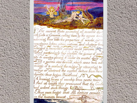 D'après The Marriage of Heaven and Hell, The ancient Poets, de William Blake, 1794, gravure en relief, encre, aquarelle, fin XVIIIe siècle. (Marsailly/Blogostelle)