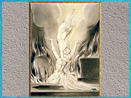 D’après The Reunion of the Soul and the Body (La réunion de l'âme et du corps), de William Blake, poème de Robert Blair, The Grave (La Tombe), gravure Schiavonetti, 1813. (Marsailly/Blogostelle)