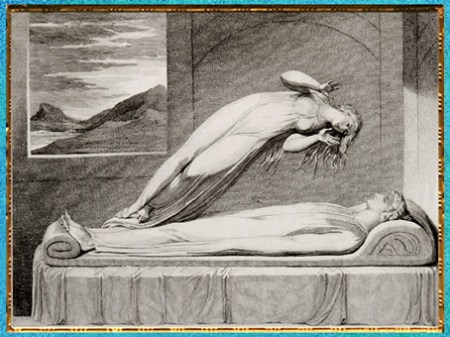 D’après The Soul hovering over the Body (L'âme planant au-dessus du corps), de William Blake, poème de Robert Blair, The Grave (La Tombe), gravure Schiavonetti, 1813, début XIXe siècle. (Marsailly/Blogostelle)