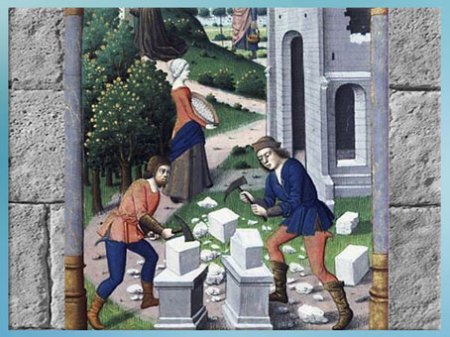 D’après des tailleurs de pierre, chantier d'église, Légende dorée, de Jacques de Voragine, manuscrit, vers 1485, XVe siècle, France. (Marsailly/Blogostelle)