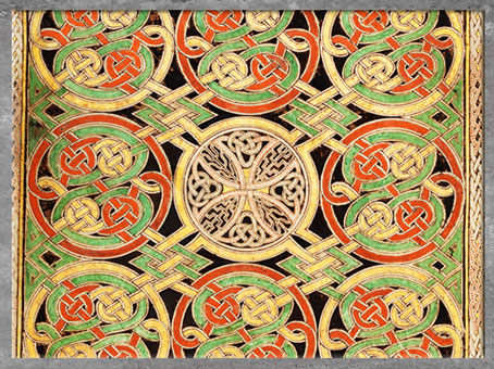 D'après des entrelacs, livre de Durrow, fin VIIe siècle, parchemin enluminé, haut Moyen âge, art anglo-saxon. (Marsailly/Blogostelle)