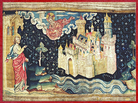 D’après La Jérusalem céleste, tapisserie de l’Apocalypse, Angers, modèles du peintre Jean de Bruges, commande vers 1375, XIVe siècle, France, art médiéval. (Marsailly/Blogostelle)