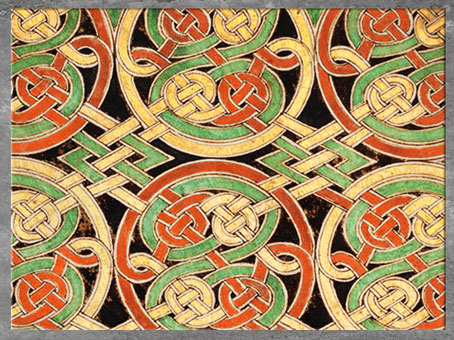 D'après des nœuds et entrelacs, livre de Durrow, fin VIIe siècle, parchemin enluminé, haut Moyen âge, art anglo-saxon. (Marsailly/Blogostelle)