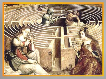 D'après Thésée combattant le Minotaure, du Maître des Cassoni Campana, détail, selon Ovide, Métamorphoses, vers 1500 -1525, huile sur bois, XVIe siècle. (Marsailly/Blogostelle) 