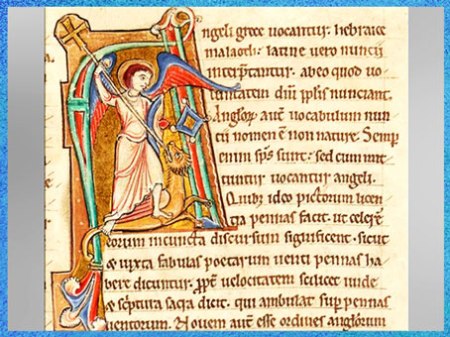 D'après l'archange Michel terrassant le dragon, Grand lectionnaire de Corbie, tome III, 1179, manuscrit latin,  XIIe siècle, France, art médiéval. (Marsailly/Blogostelle) 