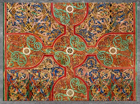 D'après des entrelacs et des nœuds, Évangiles de Lindisfarne, fin VIIe siècle, du moine Eadfrith, évêque de Lindisfarne, Angleterre, Haut Moyen âge. (Marsailly/Blogostelle)