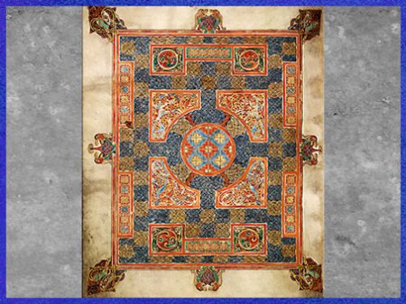 D’après les Évangiles de Lindisfarne, entrelacs, du moine Eadfrith, évêque de Lindisfarne, fin VIIe siècle, Angleterre, haut Moyen âge. (Marsailly/Blogostelle)