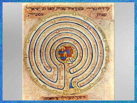 D’après un labyrinthe, cité de Jéricho, bible de Farhi, Provence, 1366-1382, XIVe siècle, art hébreu médiéval. . (Marsailly/Blogostelle)
