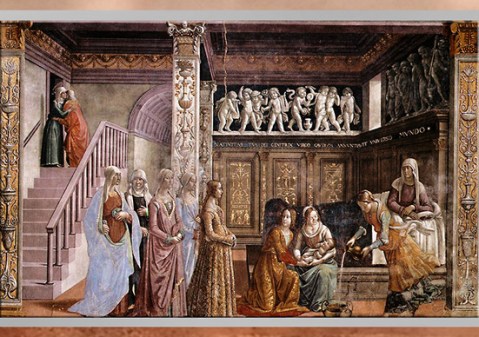 D’après La Naissance de la Vierge, de Domenico Ghirlandaio, 1485-1490, chapelle Tornabuoni, Santa Maria Novella, XVe siècle, Florence, Quattrocento, Renaissance italienne. (Marsailly/Blogostelle)