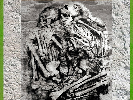 D'après des défunts inhumés par deux, grotte des enfants, Grimaldi, Italie, vers 35 000 - 30 000 ans avjc, paléolithique supérieur. (Marsailly/Blogostelle)