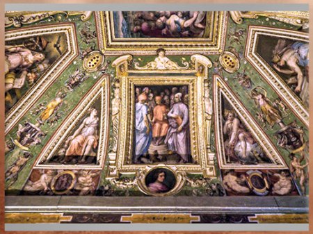 D’après Cosme L’Ancien entouré d'artistes et de savants, fresques de Giorgio Vasari et Marco di Faenza, vers 1560, Palazzo Vecchio, XVIe siècle, Cinquecento, Renaissance italienne. (Marsailly/Blogostelle)