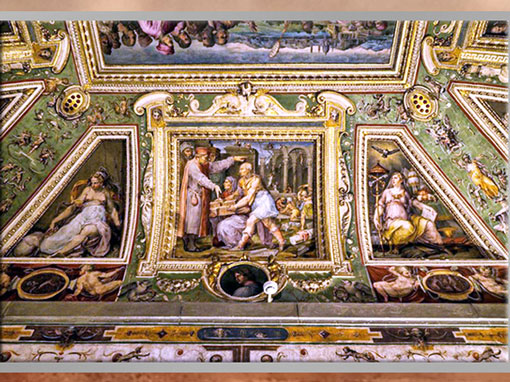 D’après Brunelleschi,  Ghiberti, Cosme de Médicis et la maquette de San Lorenzo, fresques de Giorgio Vasari et Marco di Faenza, vers 1560, Palazzo Vecchio, XVIe siècle, Cinquecento, Renaissance italienne. (Marsailly/Blogostelle)