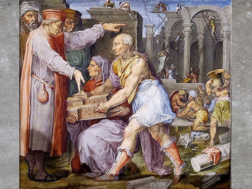 D’après Brunelleschi et Ghiberti montrant la maquette de San Lorenzo à Cosme de Médicis, fresques de Giorgio Vasari et Marco di Faenza, vers 1560, Palazzo Vecchio, Cinquecento, Renaissance italienne. (Marsailly/Blogostelle)