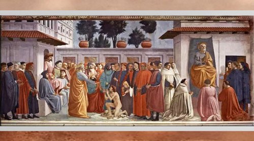 D’après La Résurrection du fils de Théophile et saint Pierre, de Masaccio, vers 1427, fresque, chapelle Brancacci, Santa Maria del Carmine, XVe siècle, Florence. Quattrocento, Renaissance italienne. (Marsailly/Blogostelle)