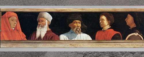 D’après Cinq maîtres de la Renaissance florentine, Giotto, Uccello, Donatello, Manetti et Brunelleschi, anonyme, huile sur bois entoilé, fin XVe siècle-XVIe siècle, Florence. (Marsailly/Blogostelle) 