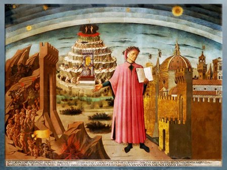 D’après Dante Alighieri, évocation de la Divine Comédie et la de la cité de Florence, de Domenico di Michelino,1465, Florence, XVe siècle, Quattrocento, Renaissance italienne. (Marsailly/Blogostelle)