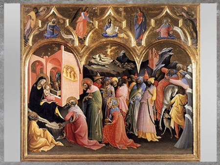 D'après L'Adoration des Mages, de Lorenzo Monaco, 1420, tempera, XVe siècle, Quattrocento, Renaissance italienne. (Marsailly/Blogostelle)